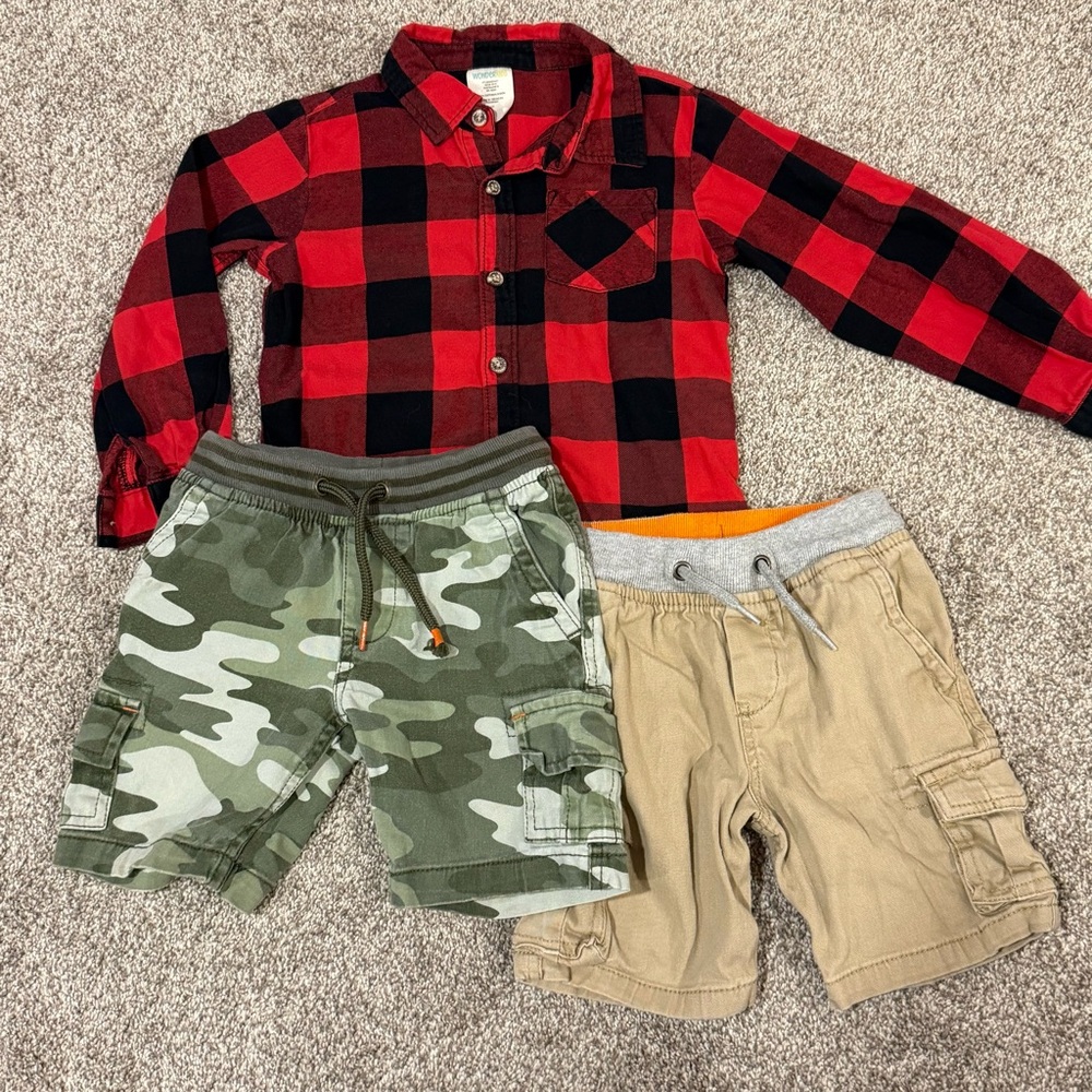 Wonder Nation Boys Bundle Lot XS (4/5) Drawstring Cargo Shorts Plaid Button Down